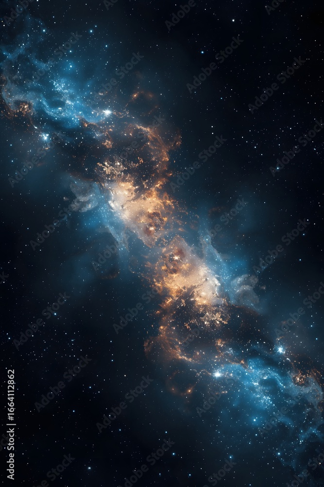 Fototapeta premium Stunning deep space nebula with glowing blue and orange interstellar clouds of gas and dust, cosmic galaxy scene symbolizing astronomy, universe, science and the beauty of outer space