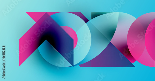 Abstract shapes overlap, creating vibrant color gradients. Turquoise background enhances pink, purple hues. Modern design.