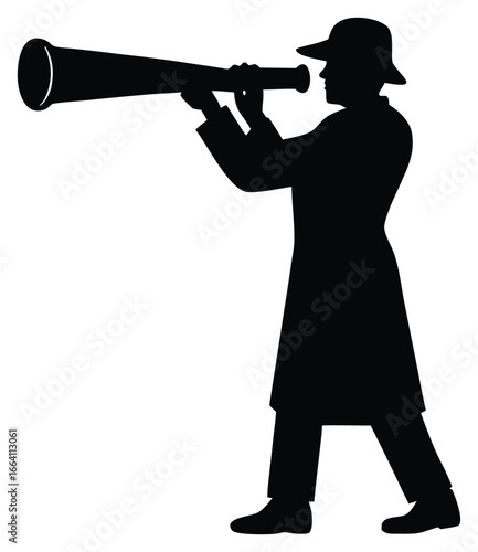 Silhouette of a man in a trench coat looking through a telescope
