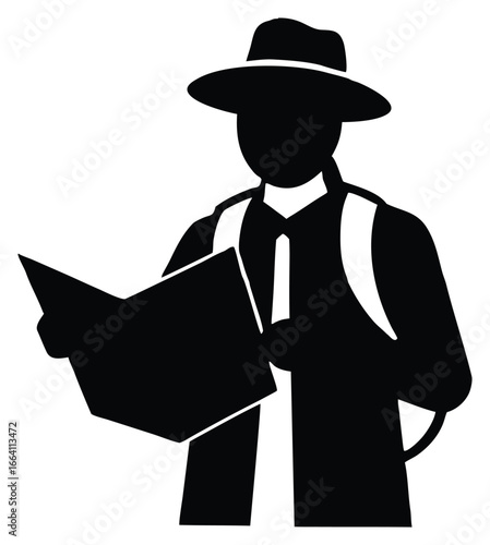 Silhouette of a traveler reading a map wearing a hat and backpack