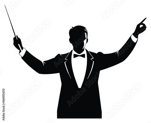 Silhouette of an orchestra conductor elegantly orchestrating with a baton and poise