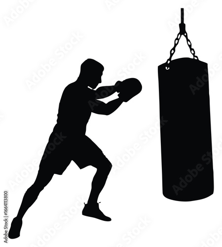 Silhouette of Boxer Training with Punching Bag on White Background Fitness Concept