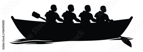Silhouette of four rowers in a boat rowing on the water surface