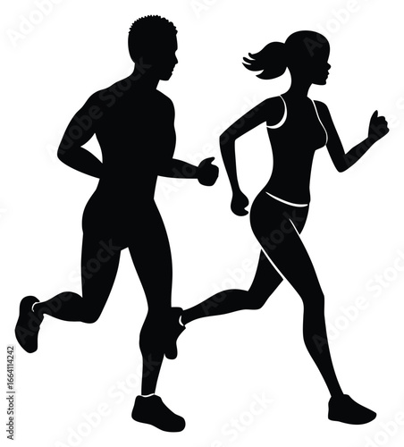 Silhouette of man and woman running together for health and fitness