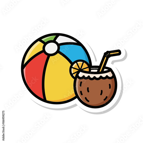 Colorful beach ball and refreshing coconut drink illustration, embodying the essence of summer vacation, tropical holidays, and beachside relaxation concepts