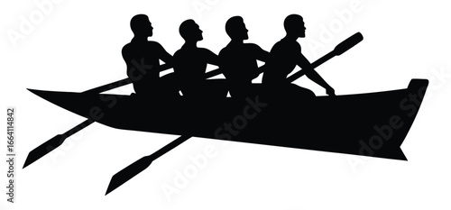Silhouette of rowing team in a boat rowing across the water together