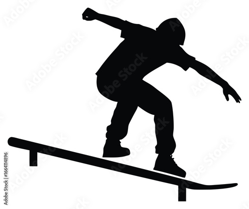 Silhouette of skateboarder grinding a rail with a white background for simplicity