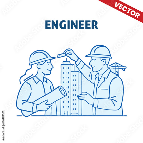 Engineers Reviewing Technical Plans on Construction Site - Outline Graphic Illustration