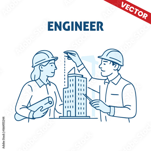 Male and Female Engineers Collaborating with Construction Equipment - Outline Graphic Illustration