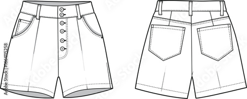 Women's high waist shorts flat sketch, front and back technical fashion drawing, denim design template, stylish summer bottom garment vector illustration for clothing design.
