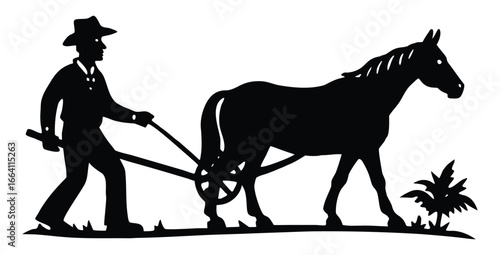 Silhouetted farmer and horse pulling plow representing old fashioned agriculture