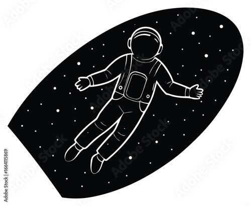 Astronaut in Outer Space Floating Amidst Stars Black and White Graphic