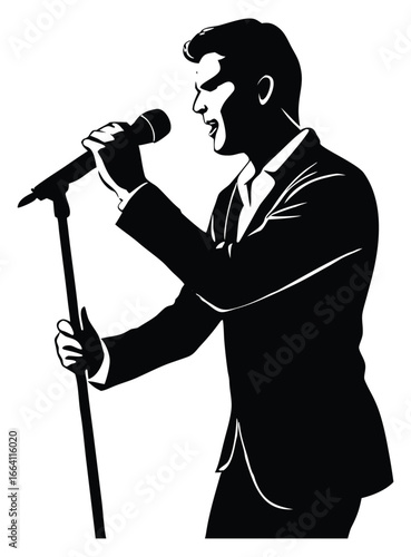 Black and white illustration of a singer performing with passion on stage