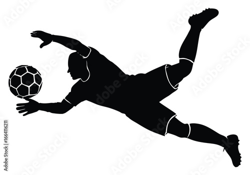 Black Silhouette of Soccer Goalkeeper Diving to Save a Ball on White