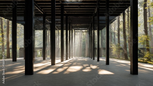 Dark  modern structure supported by pillars  sunlight streams through forest