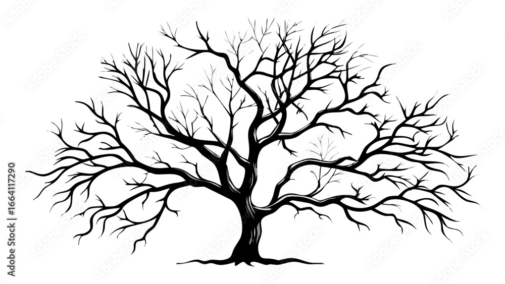 Fototapeta premium Illustration of a bare tree with intricate branches against a white background in black and white style