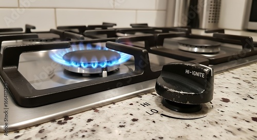 Close-up of a lit gas stove burner with a knob.