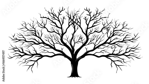 A silhouette of a bare tree with intricate branches spreading against a white background in winter time