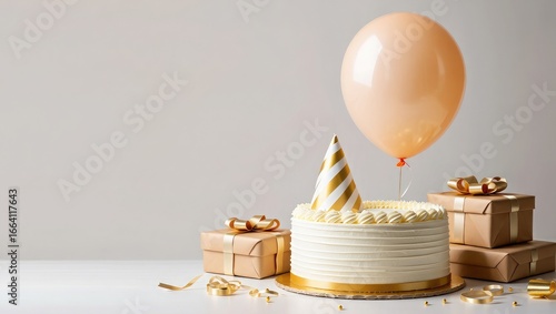 Birthday cake with balloon and gift boxes on a plain background