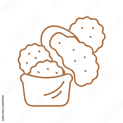 Brown outline drawing of chicken nuggets and sauce bowl