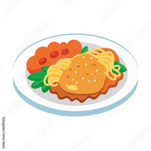Illustration of chicken parmesan with spaghetti and tomato slices