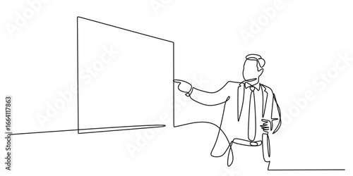 Continuous Line Drawing of a Businessman Pointing at a Screen during a Meeting