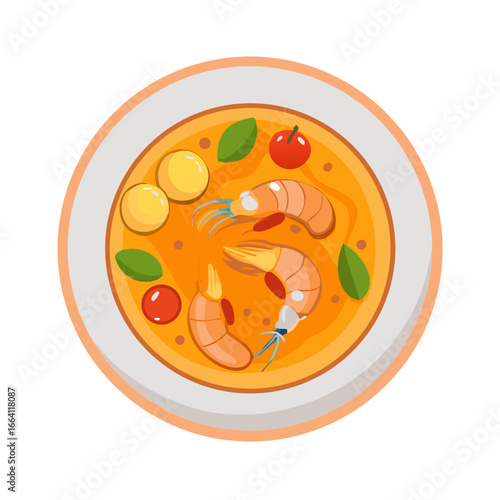 Stylized shrimp soup bowl flat lay illustration