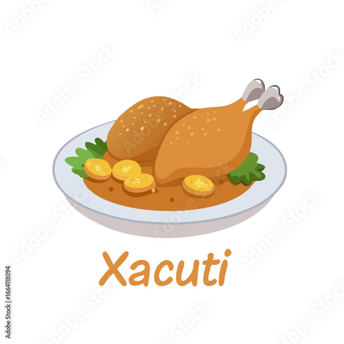 Illustration of Xacuti Chicken Dish with Potatoes and Sauce