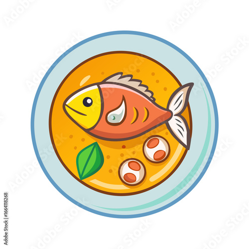 Cartoon fish dish in yellow broth on blue plate