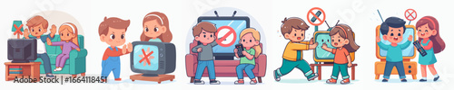 Cartoon Style Children Prohibited Watching Television Illustration of Screen Time Limit