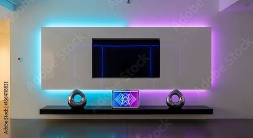 Modern Home Entertainment Center with Colorful Ambient LED Backlighting.