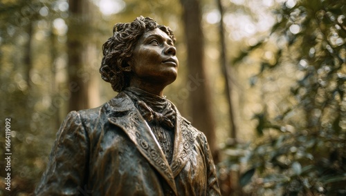 Susan B Anthony Day Historic autumn scene featuring a bronze statue in elegant attire amidst colorful foliage