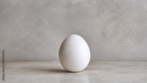 Single white egg on light beige surface against a muted gray background