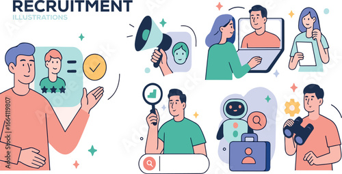 Hiring set. Characters use artificial intelligence technology for business recruitment process, job searching, interview, writing cv. Human recourses concept. Vector illustration