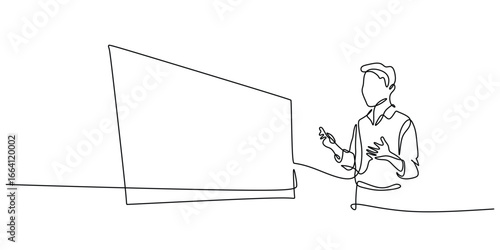 Continuous Line Drawing of a Man Presenting on a Big Screen