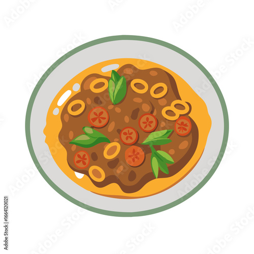 Overhead flat lay illustration of a savory stew dish