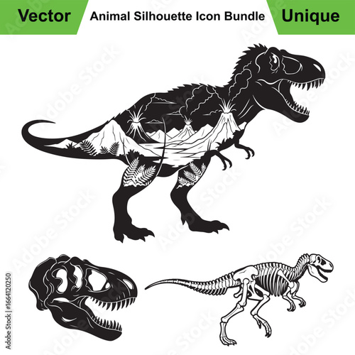 T-Rex Silhouette Collection with Prehistoric Scene, Skull, and Skeleton