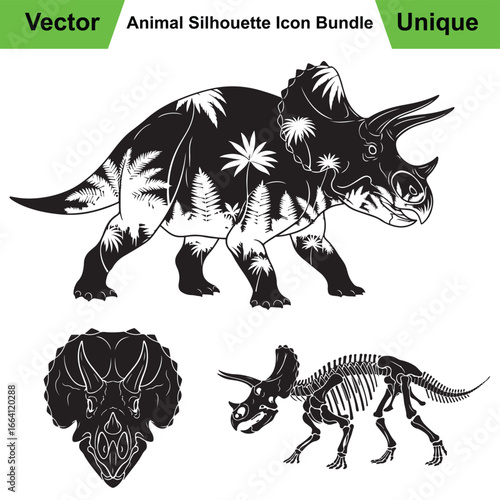 Triceratops Illustration Set with Jungle Scene, Skull, and Skeleton