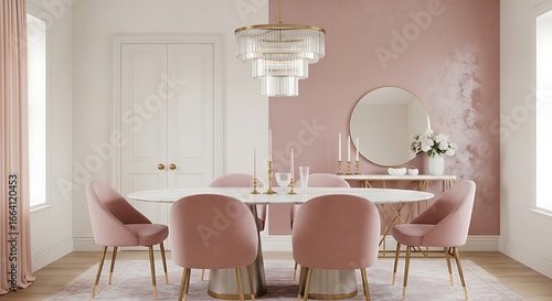 Elegant Pink Dining Room with Modern Chandelier and Mirror.