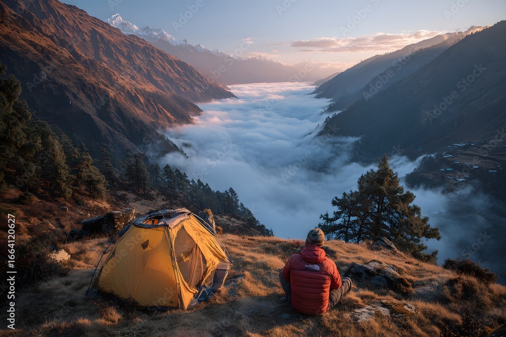 Fototapeta premium Solitude Above the Clouds: Hiker Contemplates Mountain Vista from Campsite