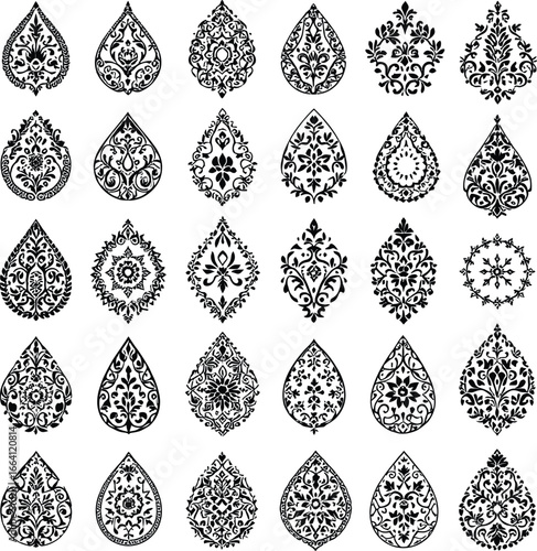 Ornamental Teardrop Vector Set – Intricate Black Floral and Paisley Motifs for Tattoos, Decor, Wedding Design, and Cultural Art