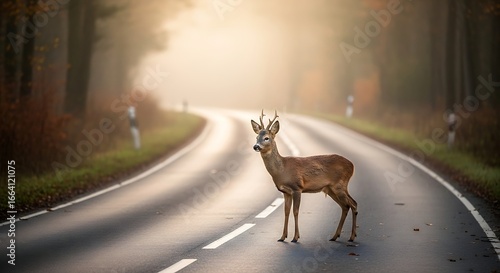 Deer on Winding Road at Dawn.