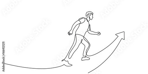 Continuous line drawing of a person walking on an arrow of success