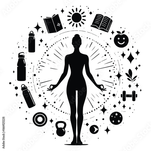 Silhouette of woman centered surrounded by wellness icons promoting healthy lifestyle and nutrition coaching 