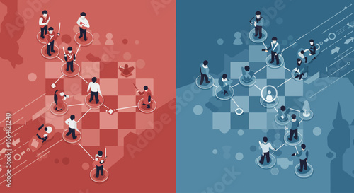A flat design illustration depicting two opposing teams engaging in strategic planning on a battle map, symbolizing collaboration and foresight in competitive scenarios.