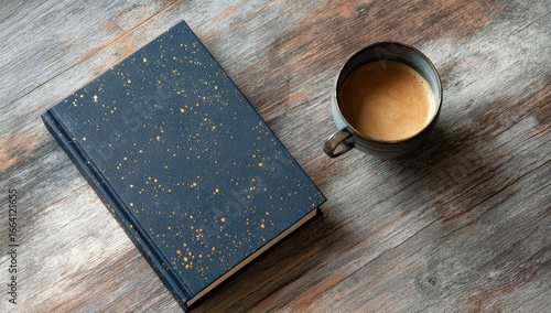 Dark-blue hardcover book with gold speckles rests on a rustic wood surface next to a cup of coffee