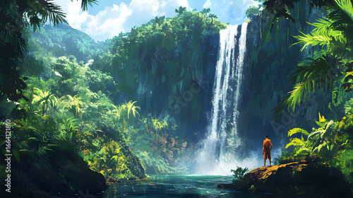 Couple Admiring Jungle Waterfall in Nature Retreat