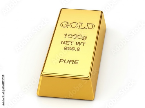 Isolated 3D Render of Gold Bullion Bar with Shiny Embossed Lettering GOLD 1000g NET WT 999.9 PURE
