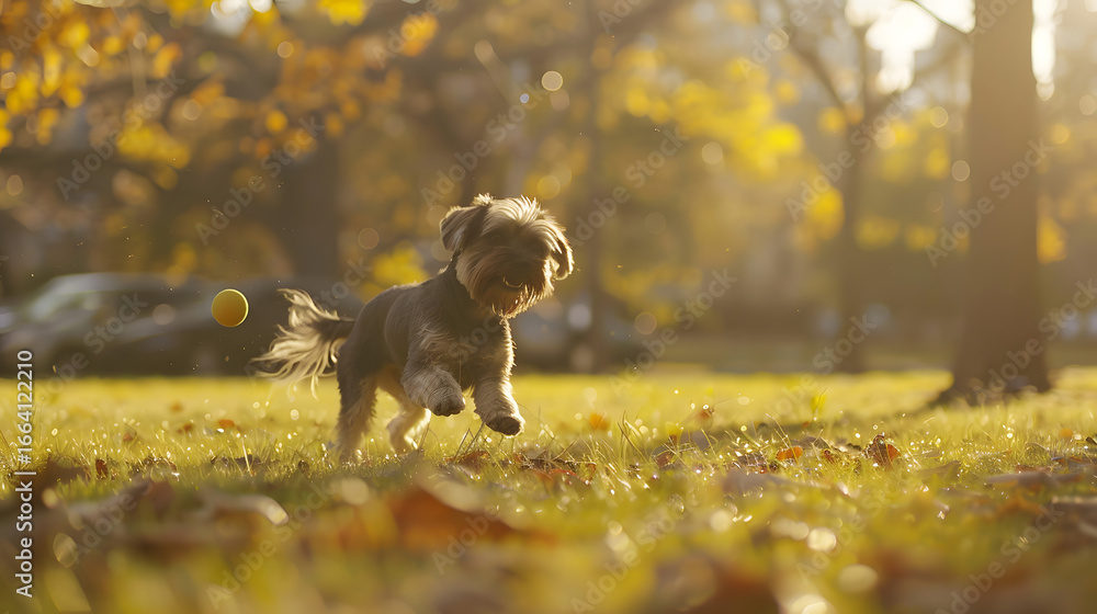 Obraz premium Puppy Running Through Autumn Leaves in Golden Light