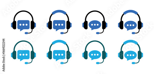 Customer Support Icon Set with Headset and Chat Bubble, Call Center Assistance Symbol, Help Desk Communication and Online Service Vector Illustration
